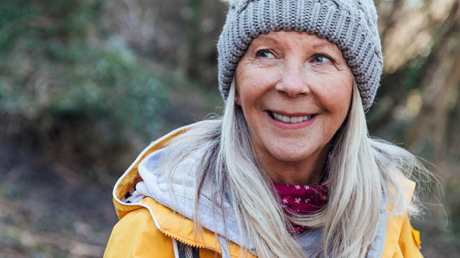 Person wearing yellow jacket and grey knit hat