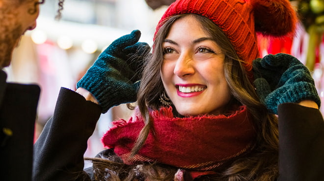 Wearing red scarf and knit hat